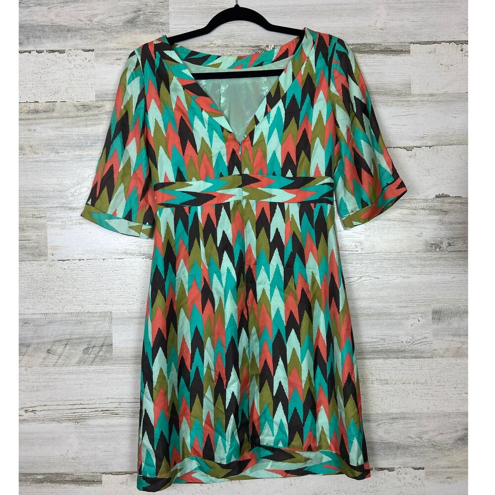 Milly of New York women size 4 100% Silk Resort Chevron Midi Dress Green Orange - Picture 2 of 3